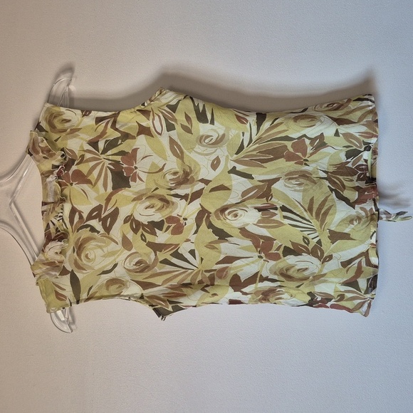 Vintage 90s Retro Silk Floral Ruffle Sleeveless Top Green Brown, Size M, Fairy - Picture 5 of 6